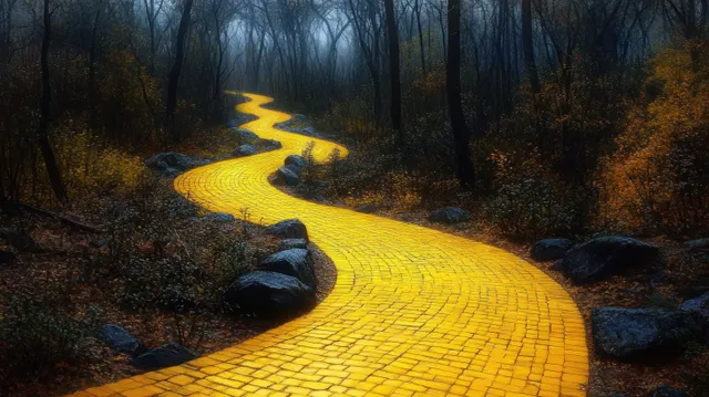 A glowing yellow brick road winds through a misty forest with bare trees and rocks along the sides.