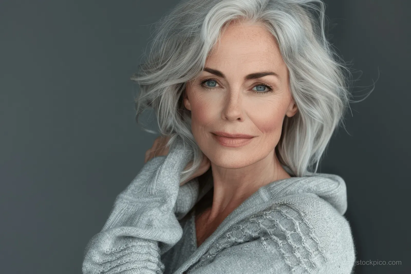 Grey-haired senior woman poses and touches her shoulder in a light-grey sweater against a plain grey studio background.