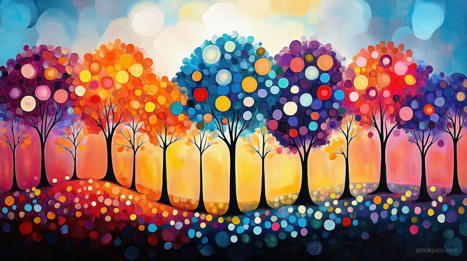 Colorful stylized trees with circular leaves stand on dotted hills under a glowing sky.