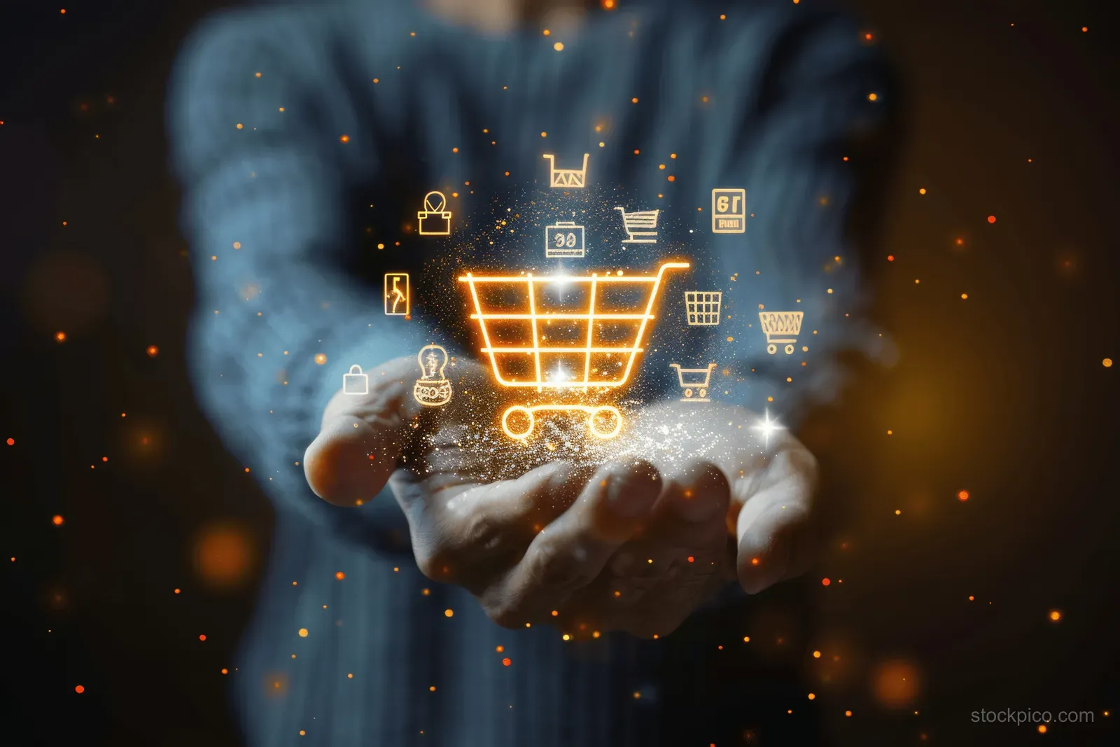 Hands holding a glowing shopping cart icon with floating payment and delivery symbols around it.