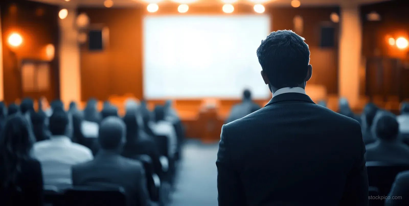 Back view of a tech executive presenting to a seated audience in a bright seminar hall.