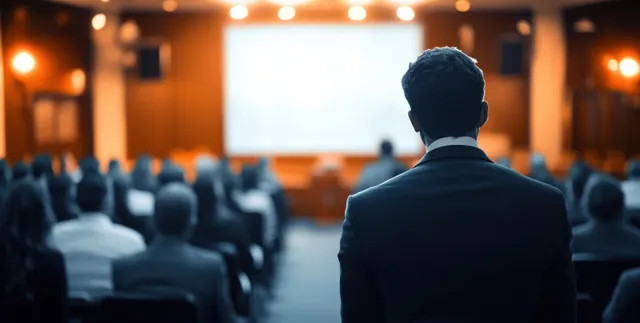 Back view of a tech executive presenting to a seated audience in a bright seminar hall.