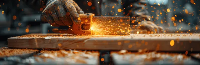 Carpenter cutting timber with an electric saw while sparks fly and wood shavings scatter.