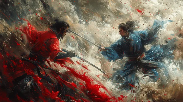 Samurai duel in rainy battlefield under a stormy grey sky
