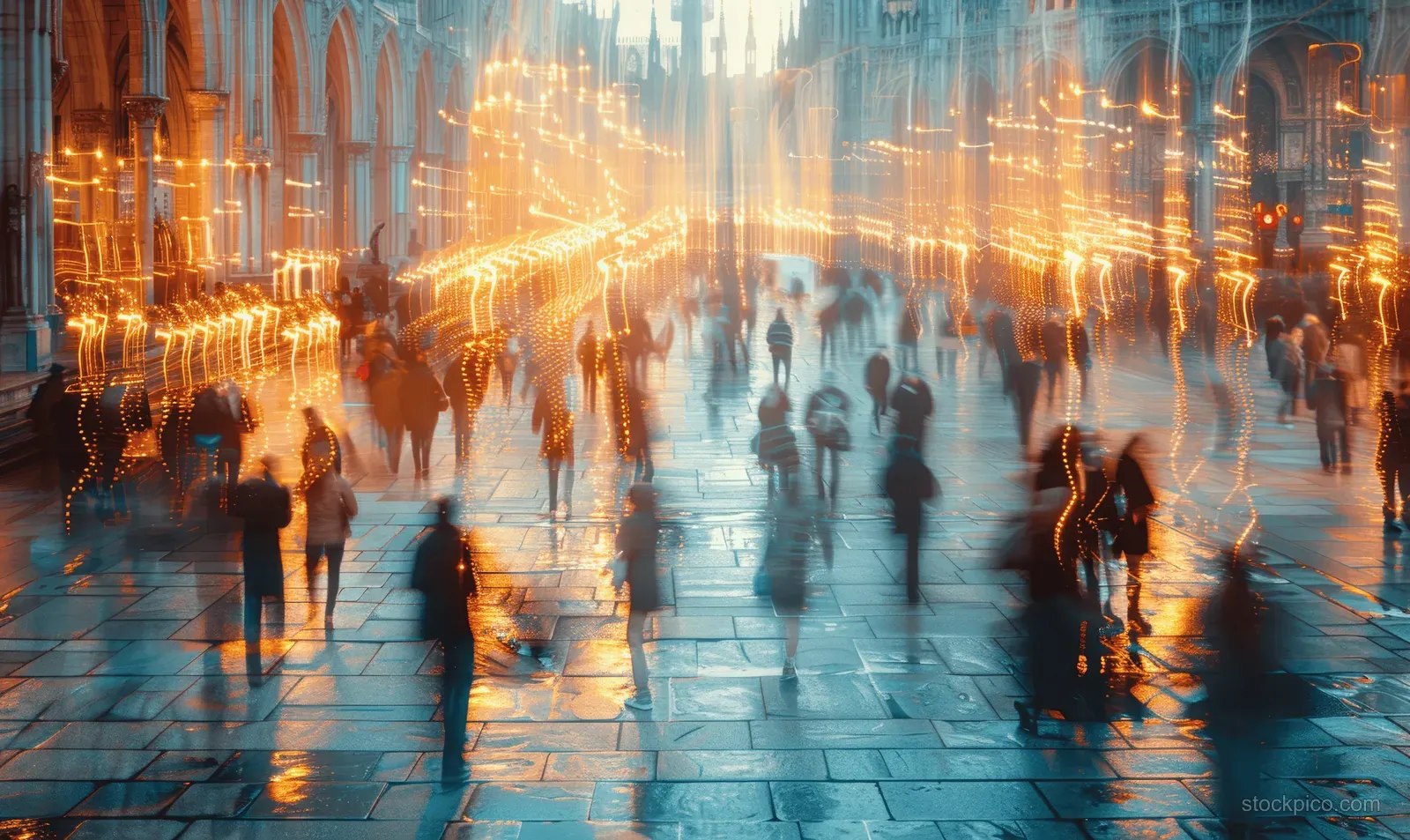 Blurred pedestrians walk across a wet nighttime city plaza lit by warm orange string lights.