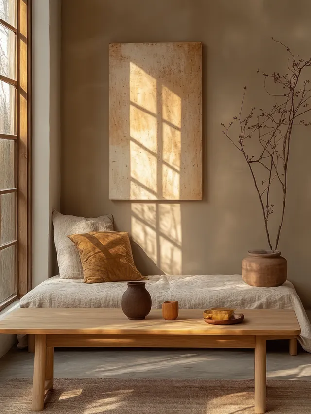 Sunlit minimalist Scandinavian room with a light wooden coffee table and a blank wall canvas above it.