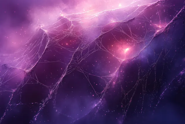 Glowing spiderweb strands stretch across a deep purple starry background with light flares.