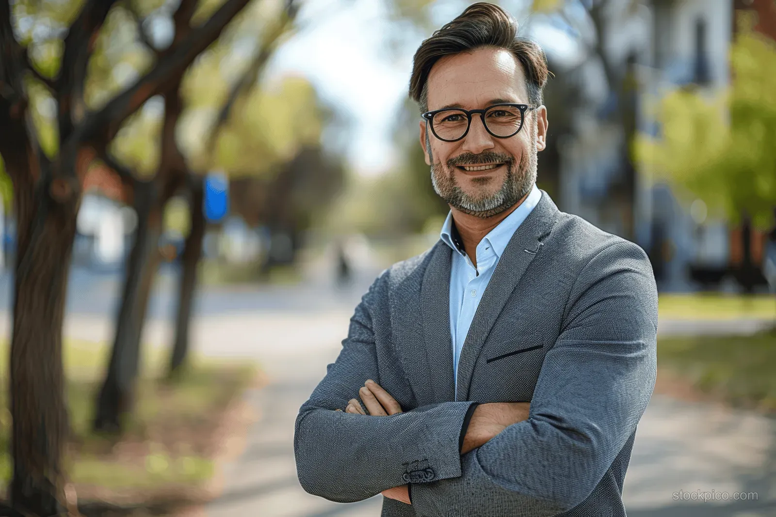 A young businessman with glasses smiles with arms crossed while standing on a sunny sidewalk beside trees.