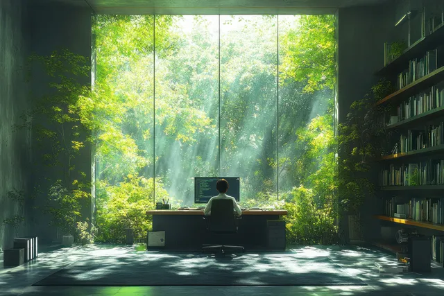 A focused businessman works at a desk in a serene green office filled with natural light and lush plants.