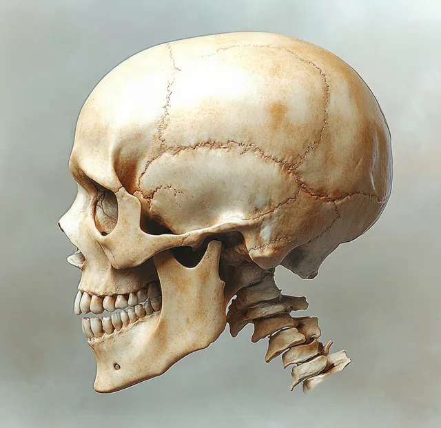 3D side-profile human skull render with dramatic lighting revealing detailed bone contours.