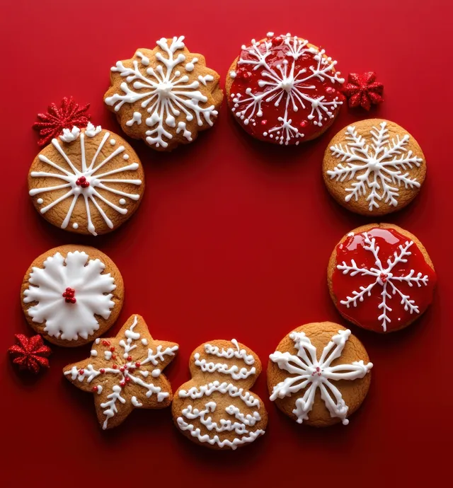 Vista cenital de galletas navideñas de jengibre decoradas con glaseado blanco sobre un fondo rojo.