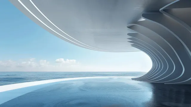 Curved futuristic concrete walls frame an empty floor while ocean water and blue sky fill the horizon.