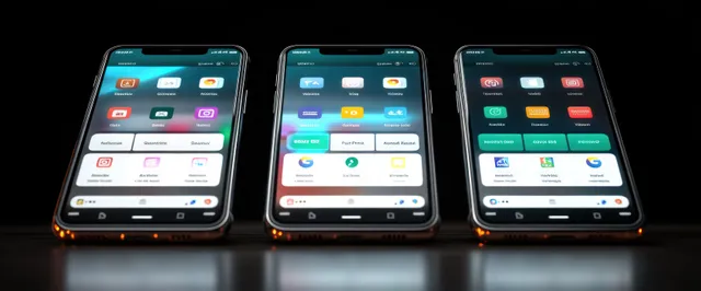 Three illuminated smartphones show colorful app icons, with reflections on a glossy surface against a dark background.