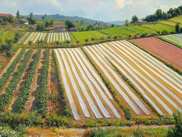 Drone aerial view of striped rice terraces around Yogyakarta with green farmland, village trees, and sunlight.