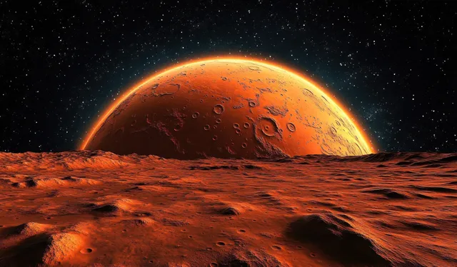 A glowing Mars horizon rises above a rocky red landscape under a starry sky.