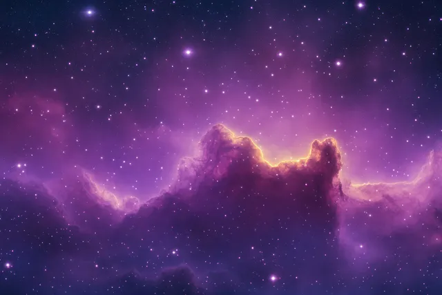 Purple nebula clouds with golden illuminated edges spread across a deep space star field.