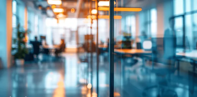 Blurred office meeting scene behind glass, team silhouettes in a bright boardroom hallway