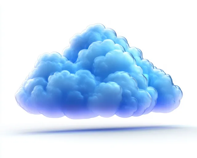 Glossy blue 3D cloud icon centered on a white background with soft shadow underneath.