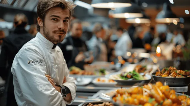Chef in a white uniform stands at a restaurant counter preparing dishes while diners appear blurred behind him.