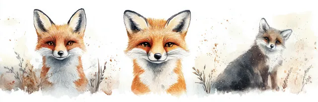 Watercolor baby fox, deer, raccoon, and owl faces with soft floral forest backdrop
