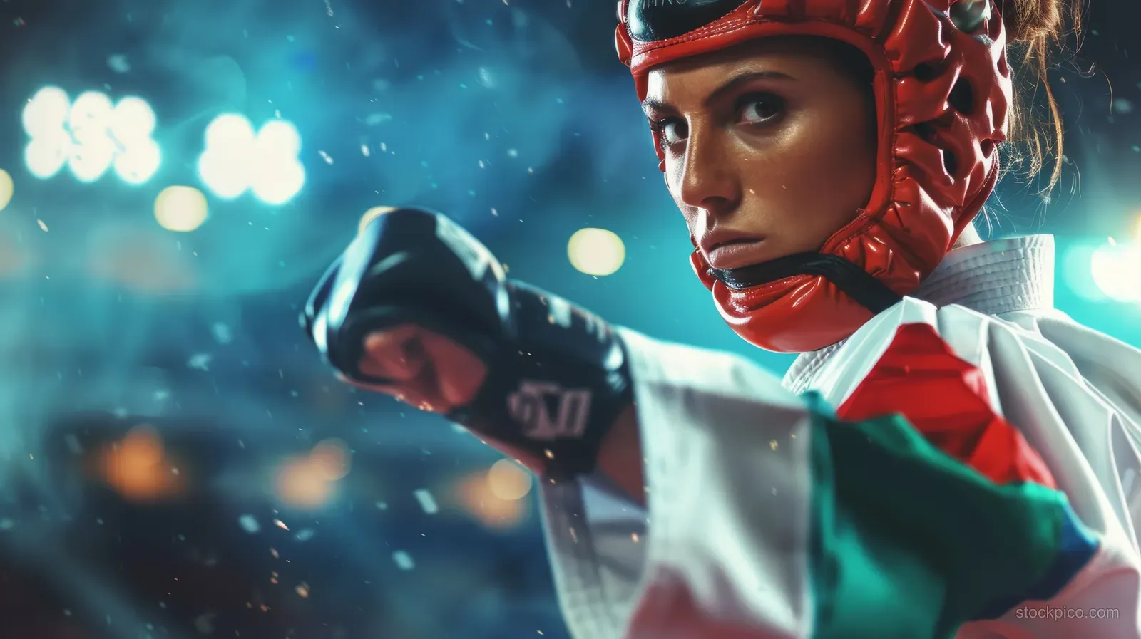 Female taekwondo fighter in a white dobok executes a high kick in a lit arena with blurred spectators.