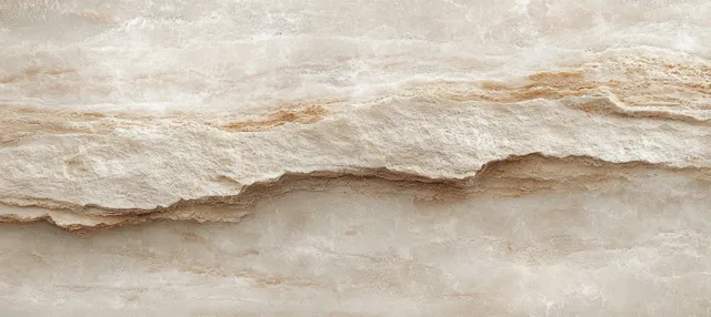 Close-up of layered beige stone surface showing fine horizontal striations and grain texture