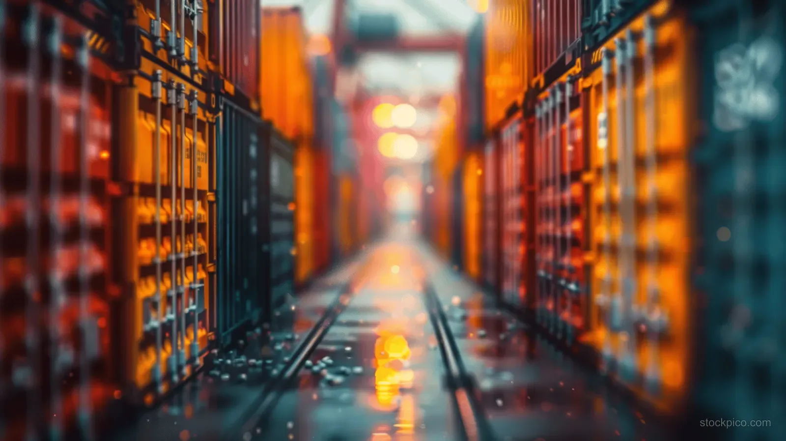Stacked cargo containers line a port terminal aisle as lights glow down the corridor for international sea shipping.