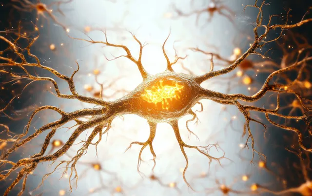 Glowing neuron body with branching dendrites sending signals through a neural network background