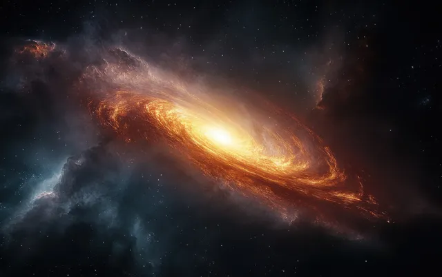 Swirling galaxy with a glowing accretion disk around a black hole in deep space