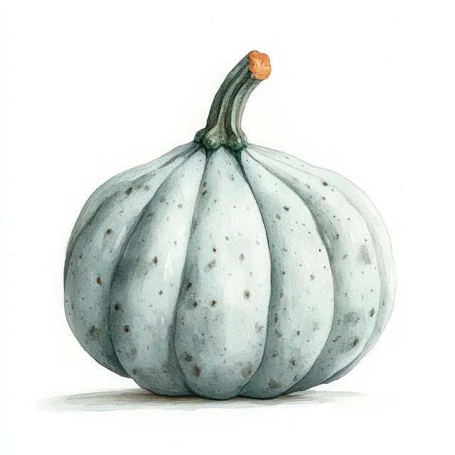 Single pale blue-gray pumpkin with speckled segments and stem on white backdrop
