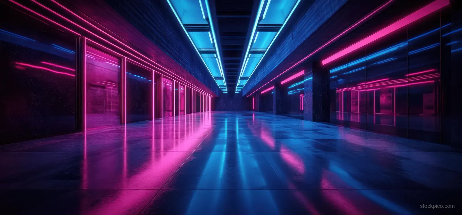 Neon cyberpunk corridor with magenta and cyan light strips, laser beams, and glowing reflections leading into a dark tunnel.