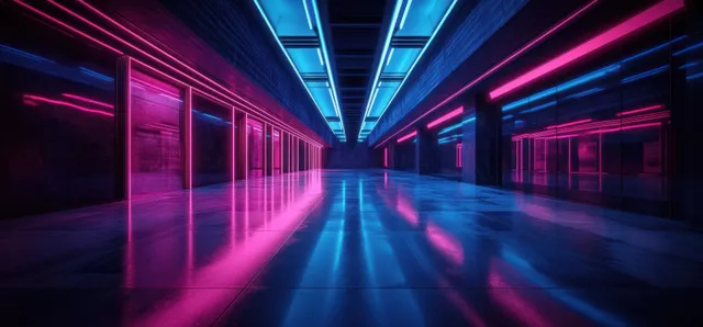 Neon cyberpunk corridor with laser-like light beams and glowing stage glow in 3D render