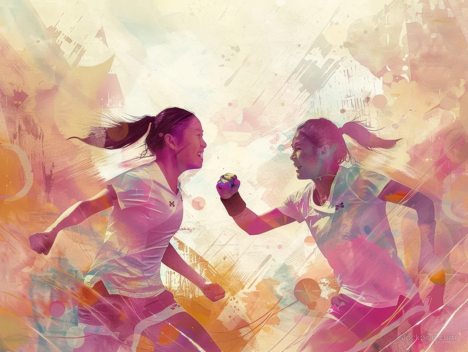 Two Japanese women tennis players run in celebration with glowing abstract colors and textured lights behind them.