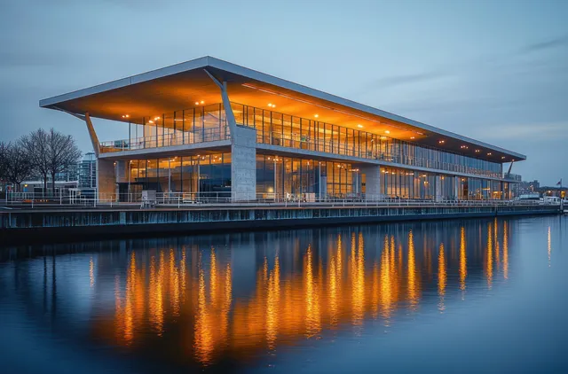 Waterfront exhibition hall at dusk with warm window lights reflecting on the water.