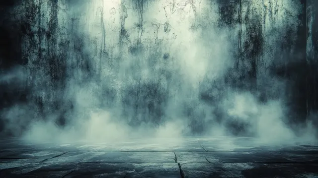 Dark interior corridor with cracked concrete walls and fog across the floor under soft diffused light.
