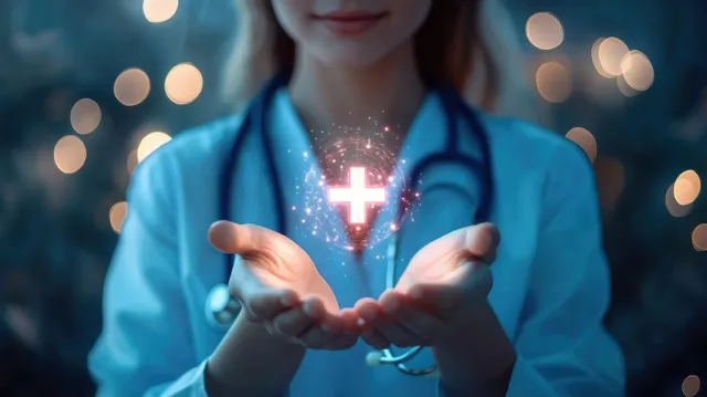 Healthcare professional holding glowing holographic cross symbol in calm clinic scene