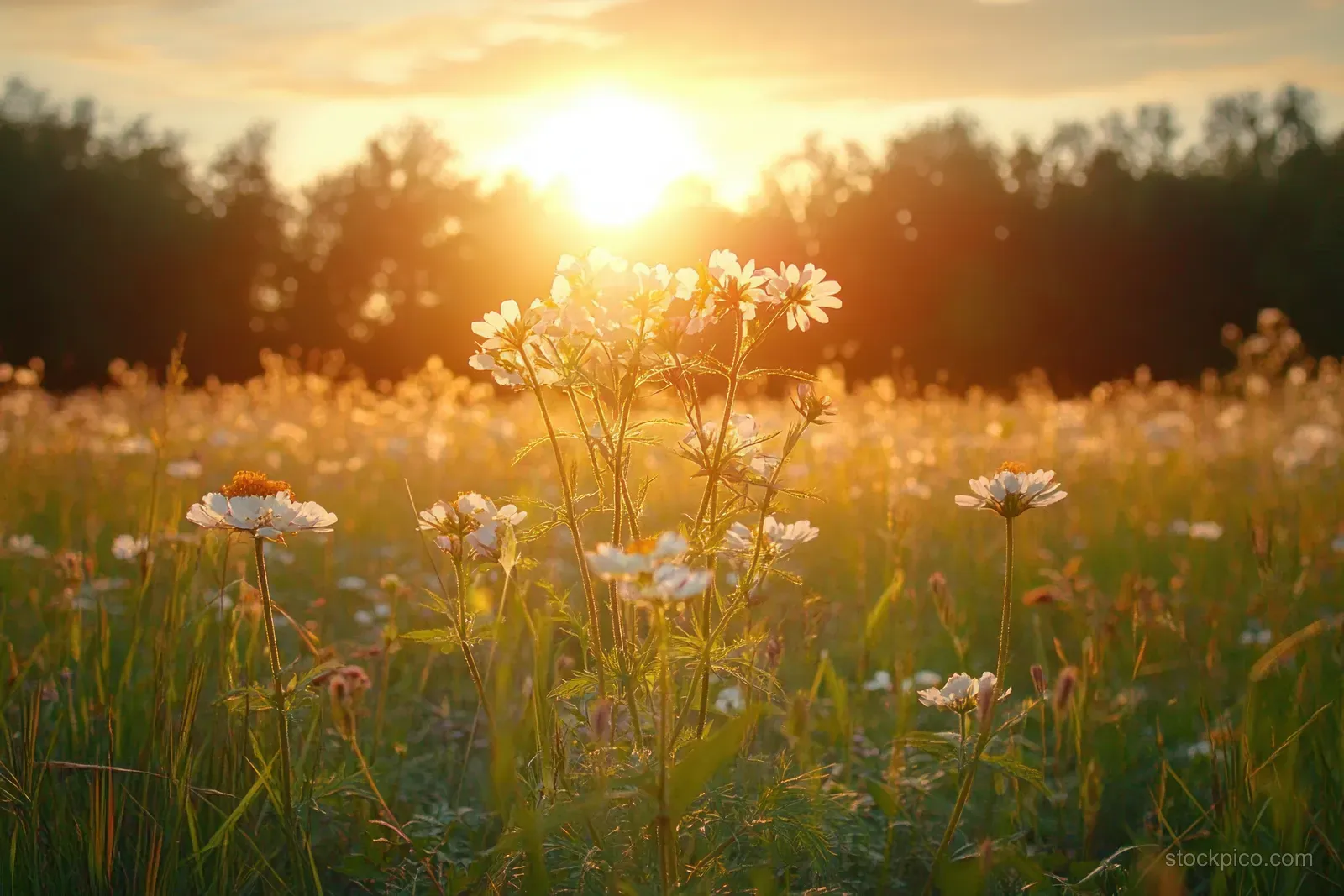 Wildflowers glow in a meadow at sunset with trees silhouetted in the background.