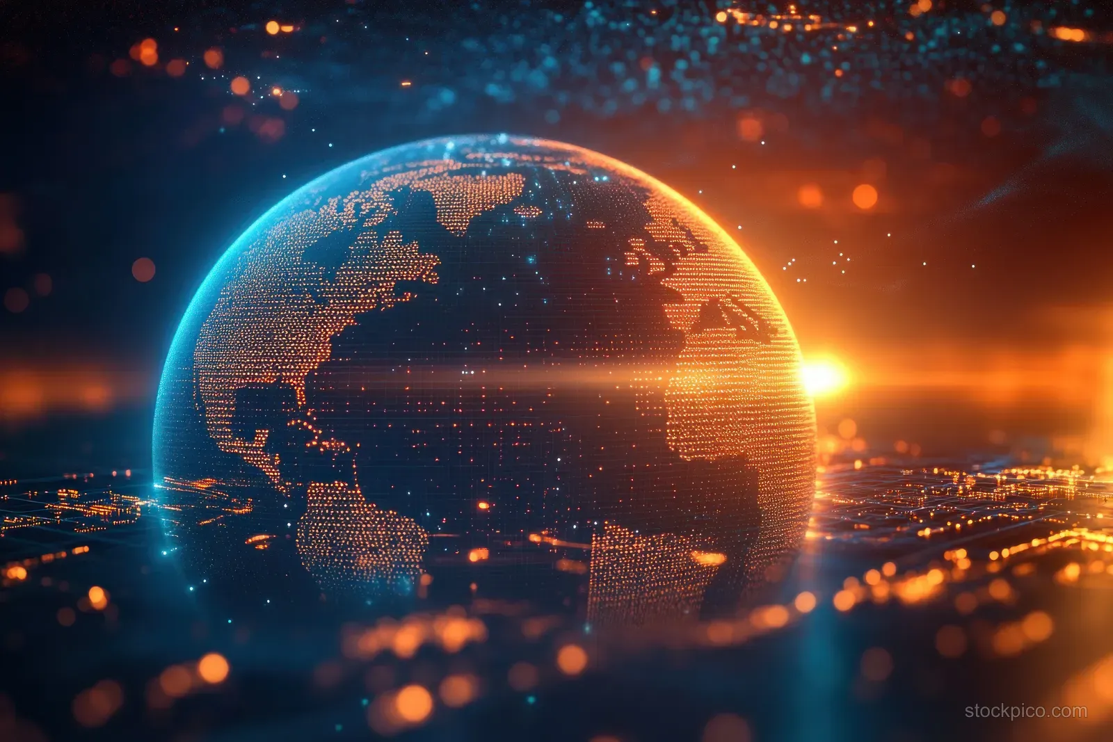 A glowing world map sphere with blue and orange neon light on a dark background.