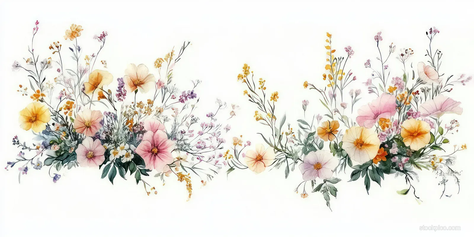 Hand-painted watercolor wildflowers and greenery create an elegant floral border frame suitable for various stationery and décor.