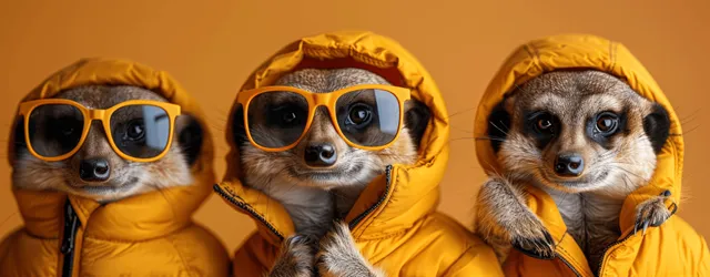 Three meerkat characters in yellow hoodies and sunglasses pose against a solid orange background with copy space.