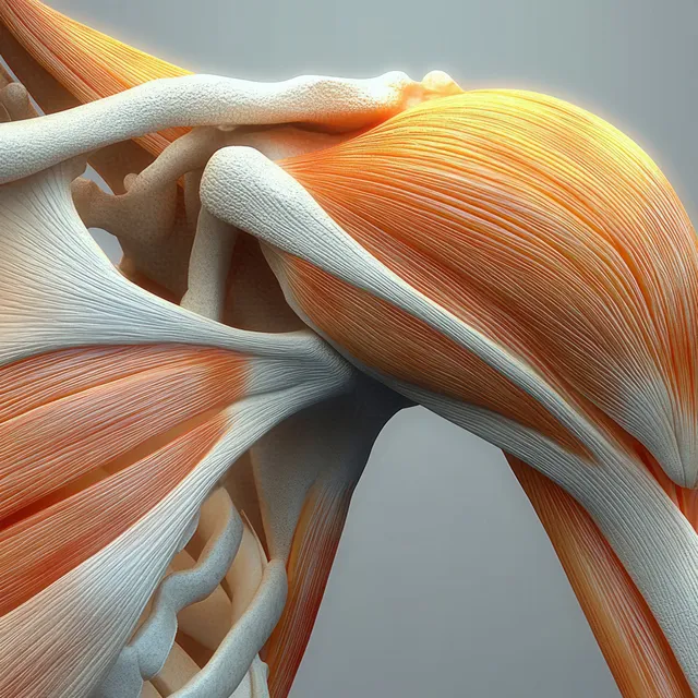 3D anatomical illustration of the human shoulder with exposed supraspinatus muscle over the humerus and scapula.