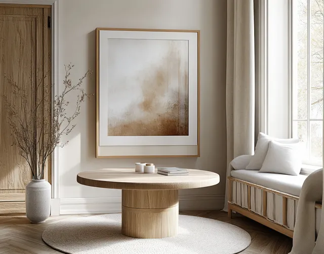 Minimalist living room corner with round wooden table, framed abstract wall art, and daylight from a large window.