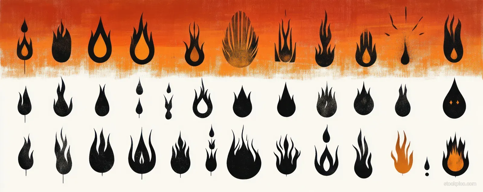 Rows of black flame silhouette icons appear on a vivid orange gradient background.