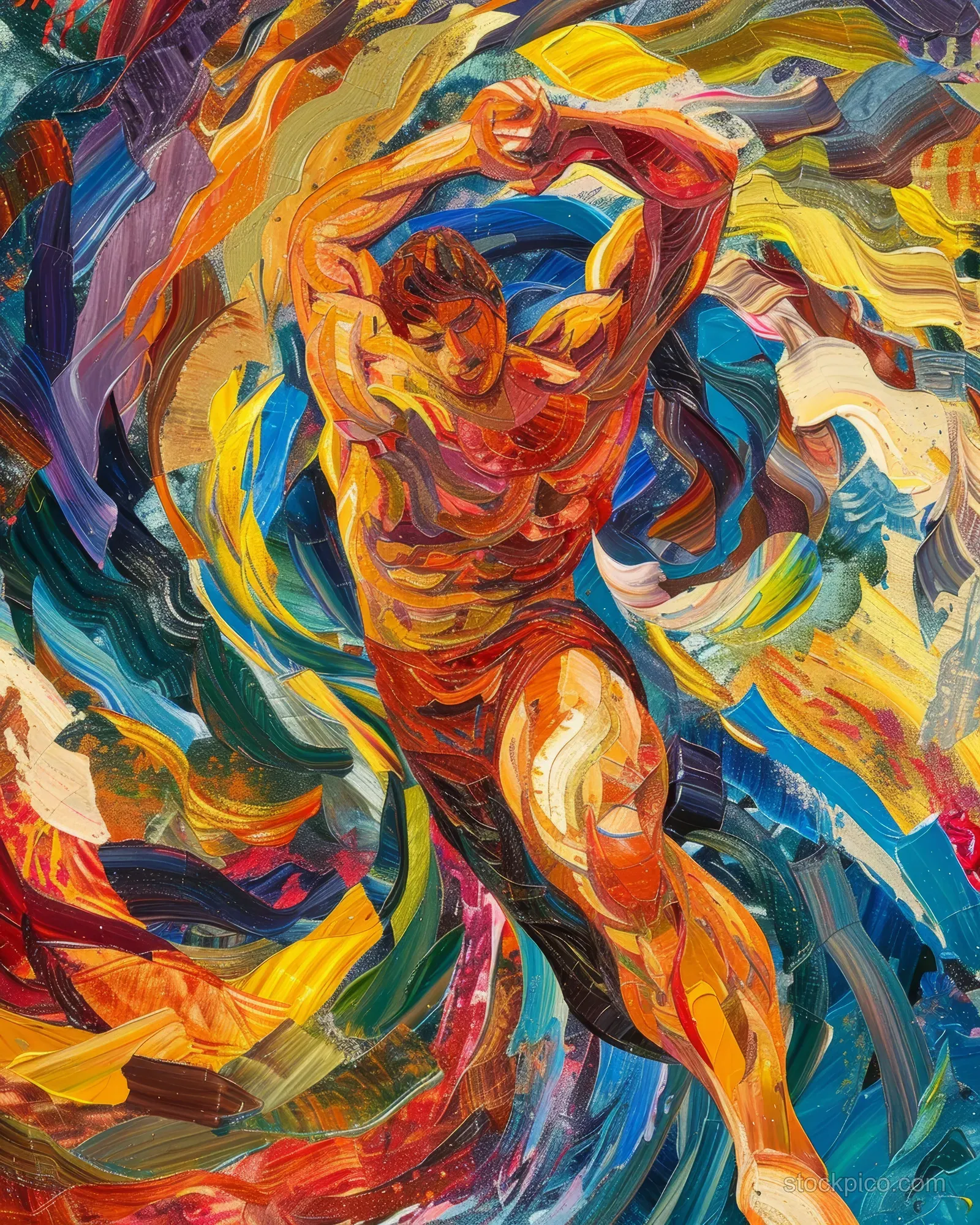 An abstract Armenian Greco-Roman wrestler grapples while vibrant swirling colors radiate around the athlete.