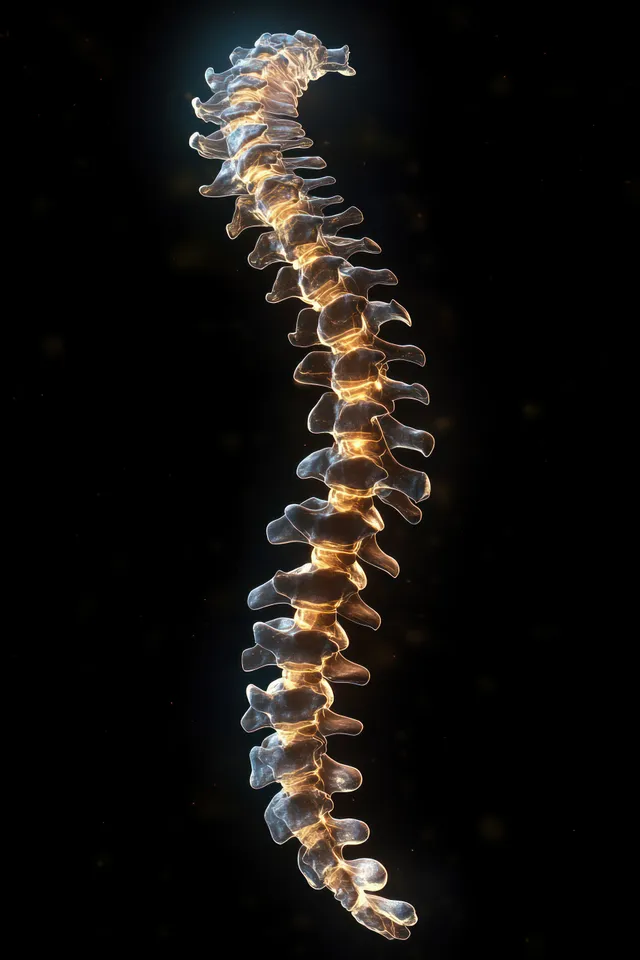 Curved human spine sculpture in soft amber light floating on a deep black background.