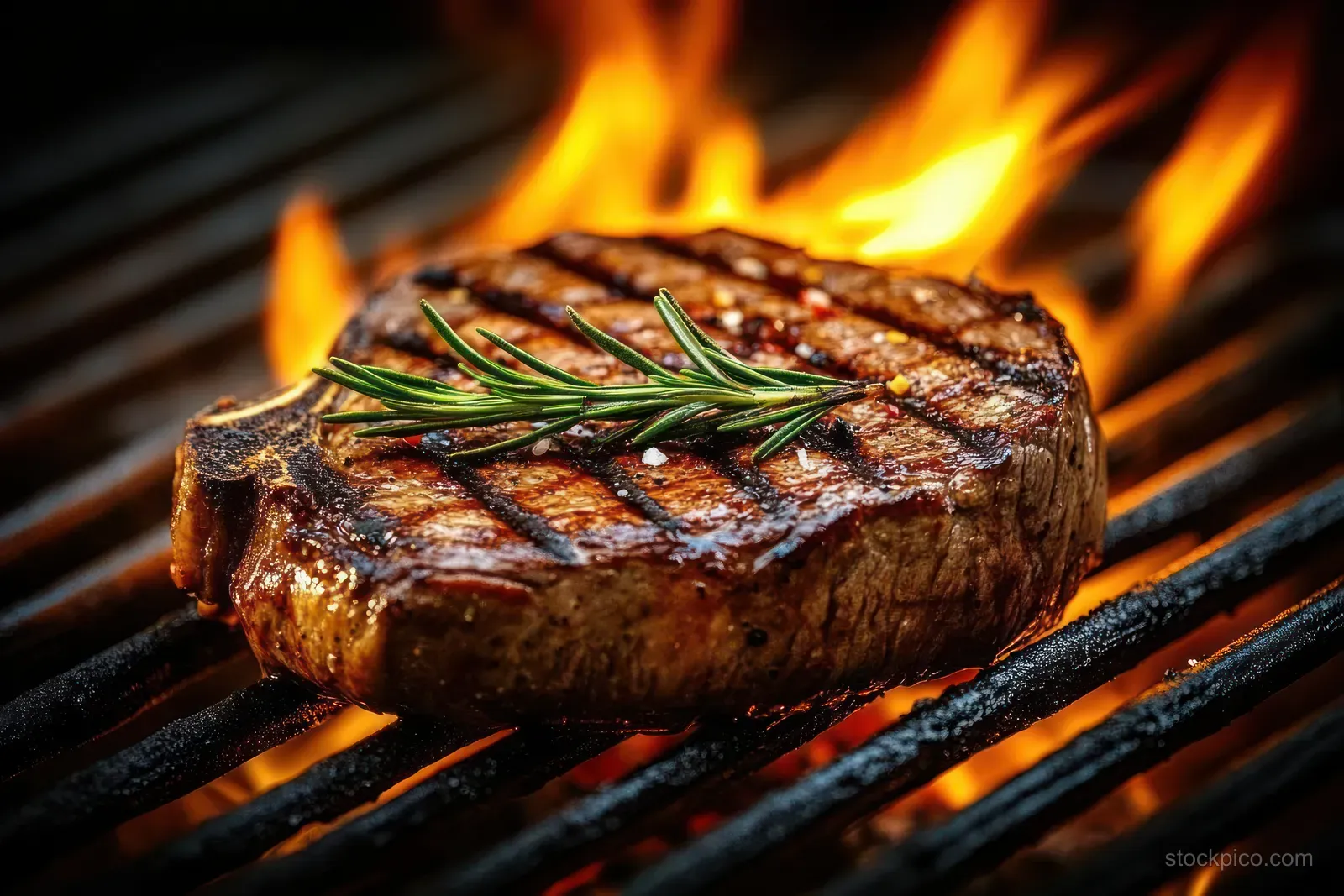 Juicy steak on a charcoal grill with rosemary on top and flames flickering in the background.