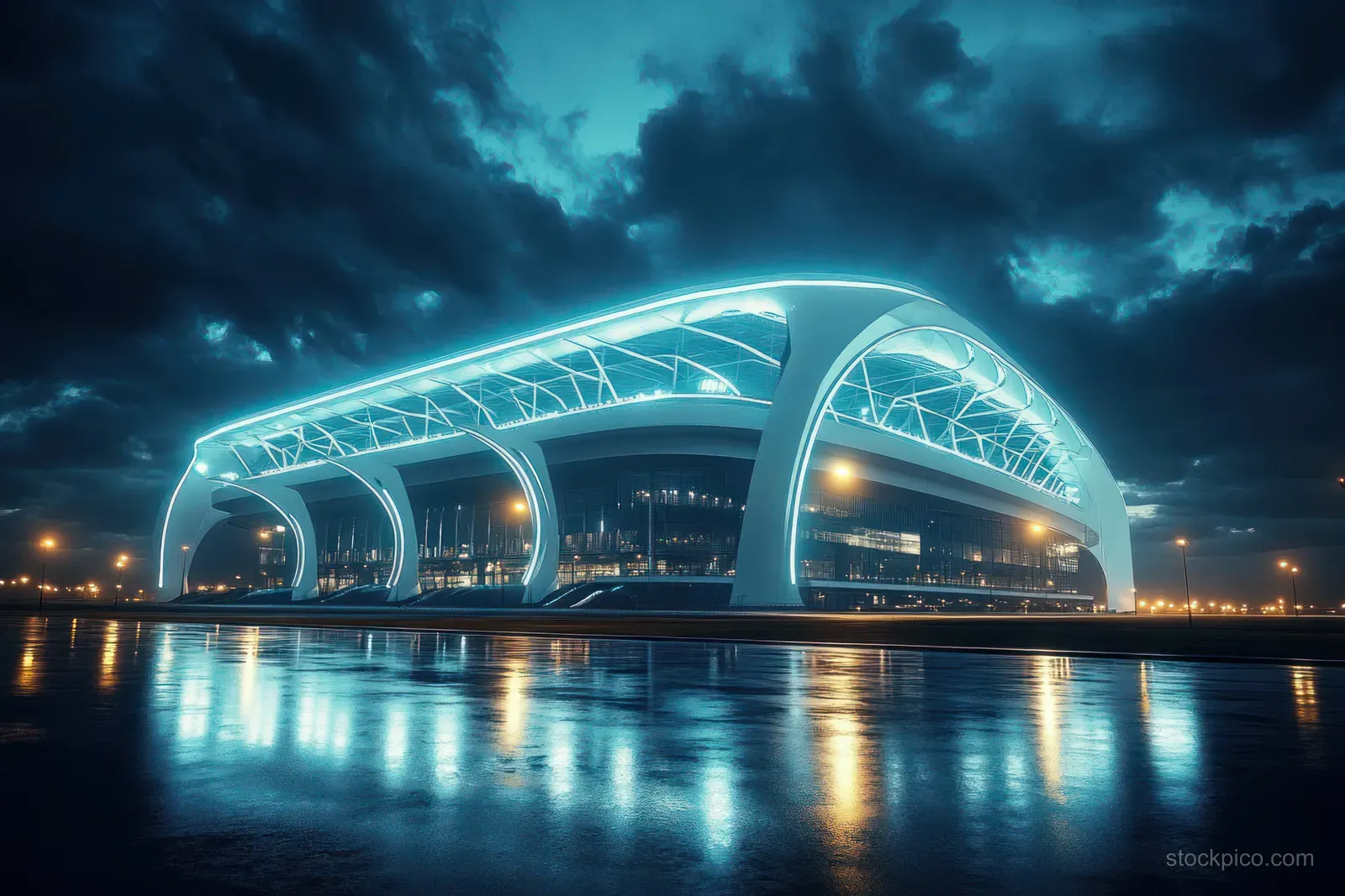A neon-lit futuristic stadium arches above wet ground at night under a dark cyberpunk sky.