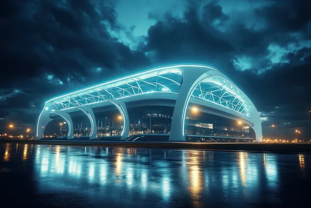 A neon-lit futuristic stadium arches above wet ground at night under a dark cyberpunk sky.