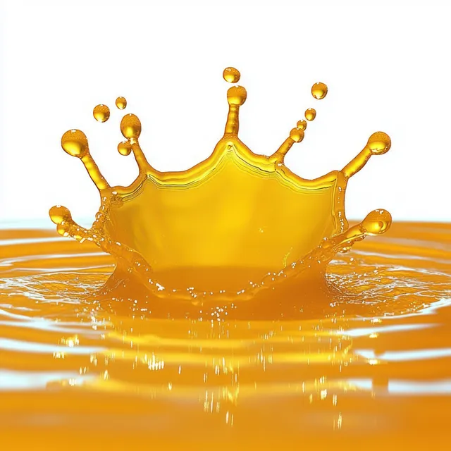 A crown-shaped splash of bright yellow liquid rises from a reflective wet surface with droplets suspended.