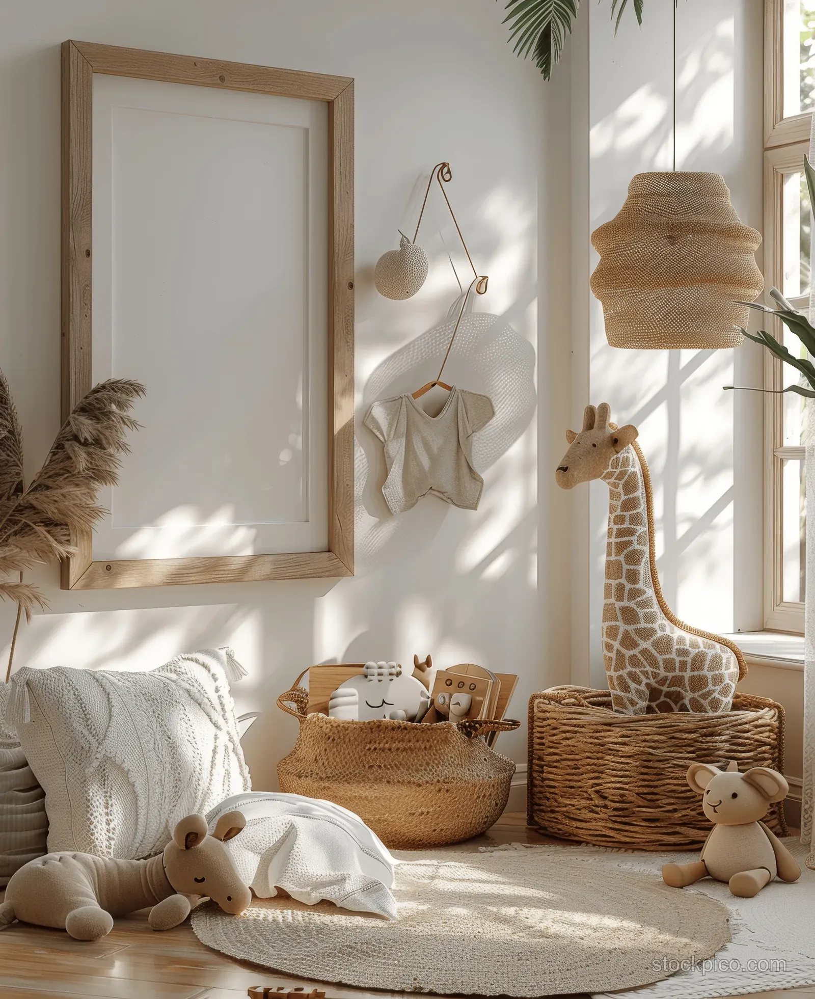 Sunlit Scandinavian kids room with beige rug, white bedding, wooden toys, and hanging decor near the window.